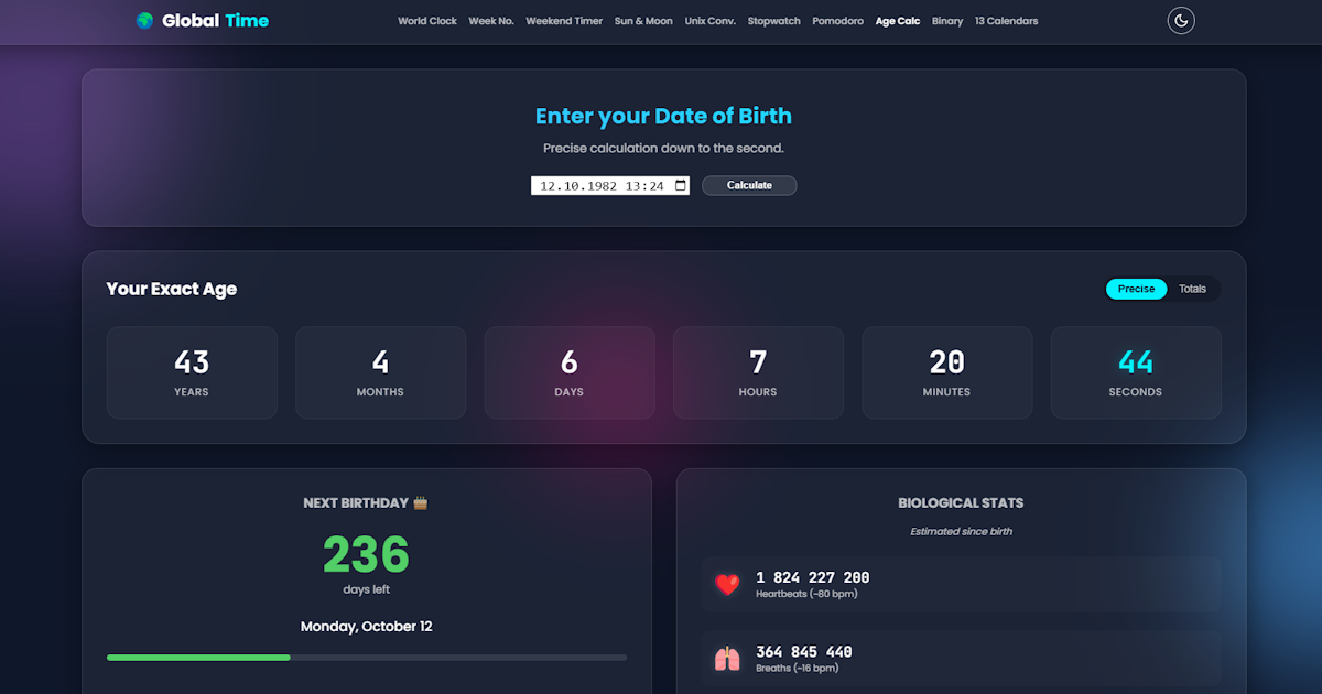 Exact Age Calculator: Years, Months, Weeks, Days & Seconds