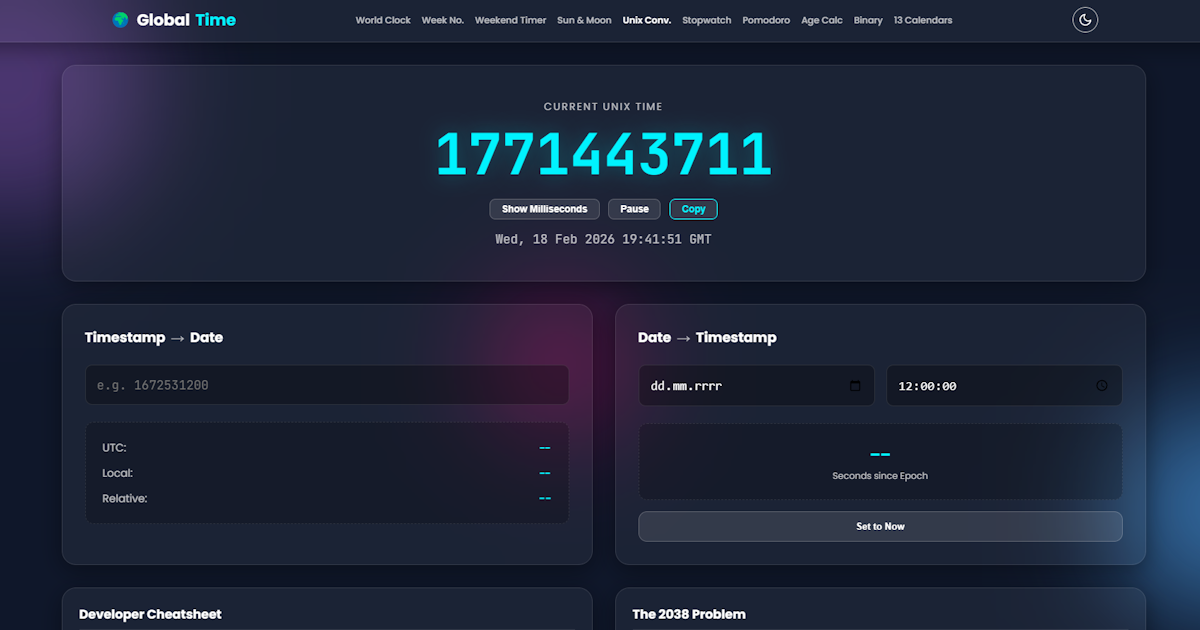Unix Timestamp Converter & Live Epoch Clock | Dev Tools